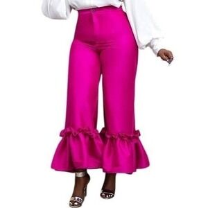 AOMEI Super Wide Leg Statement Ruffle Hem Dress Pants Hot Pink Satin Party Bold